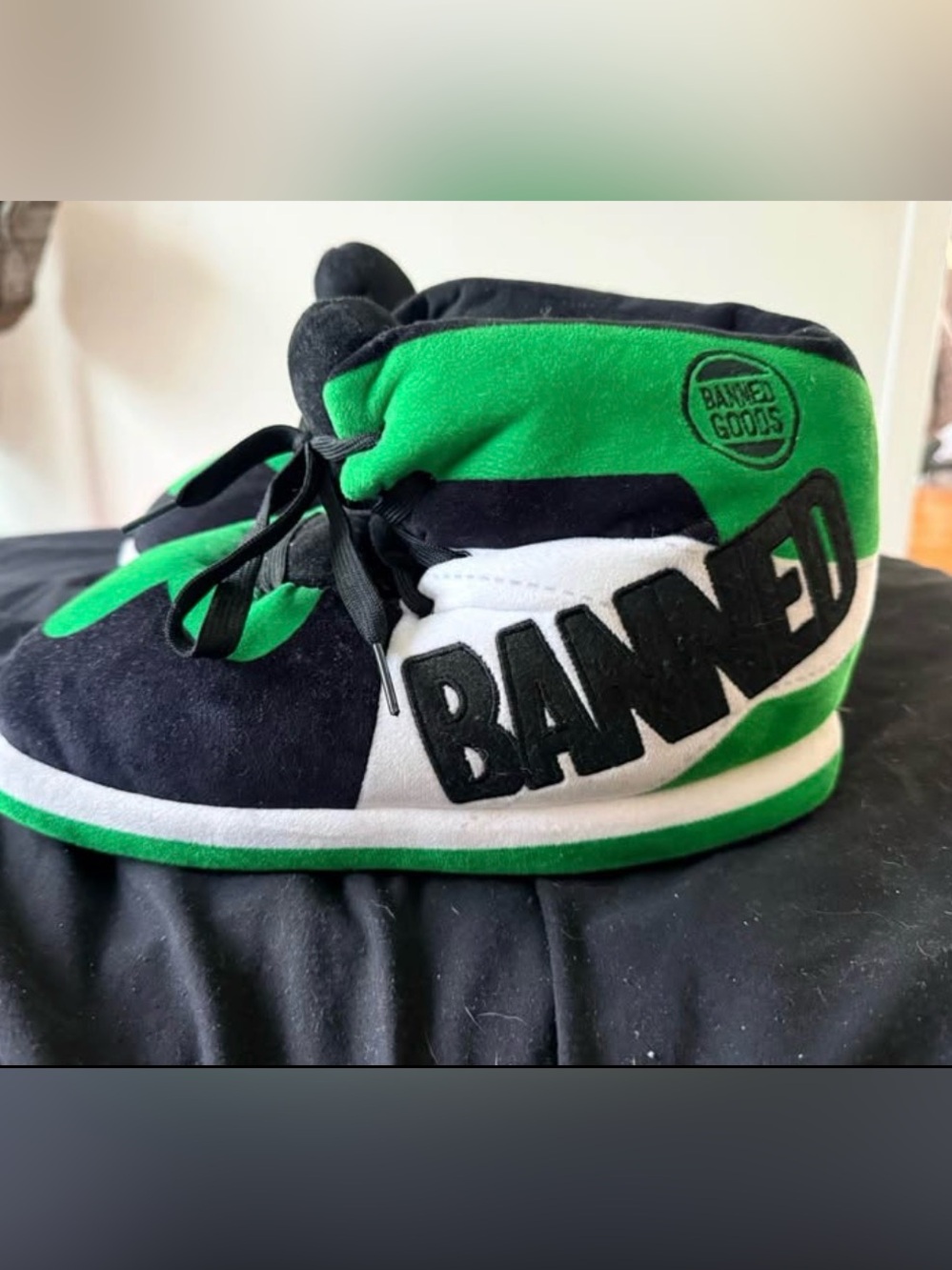 BANNED GOODS Black and Green Plush Character Slippers Jordan 1 Sneaker slippers